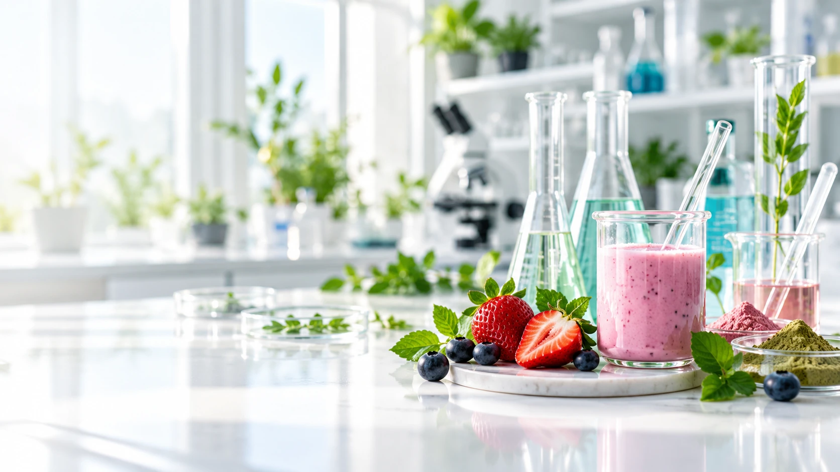 Laboratorio de desarrollo de alimentos con muestras, fruta y material científico
