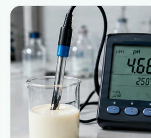 Potenciómetro midiendo pH en una muestra alimentaria