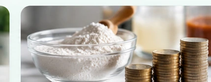 Ingrediente en polvo junto a monedas, símbolo de costos de producción